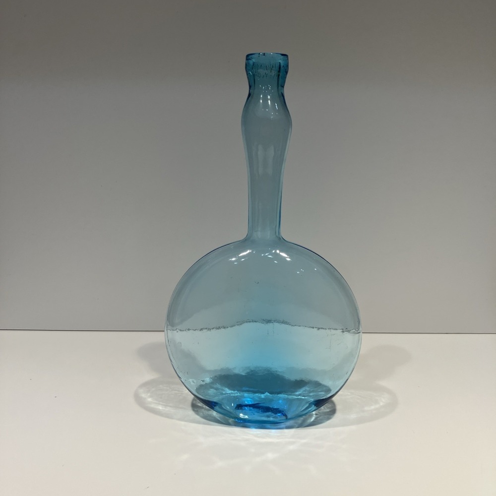 Vintage Hand Blown Blue Flat Glass Banjo Shaped Bottle Bud Vase 9.5" Tall